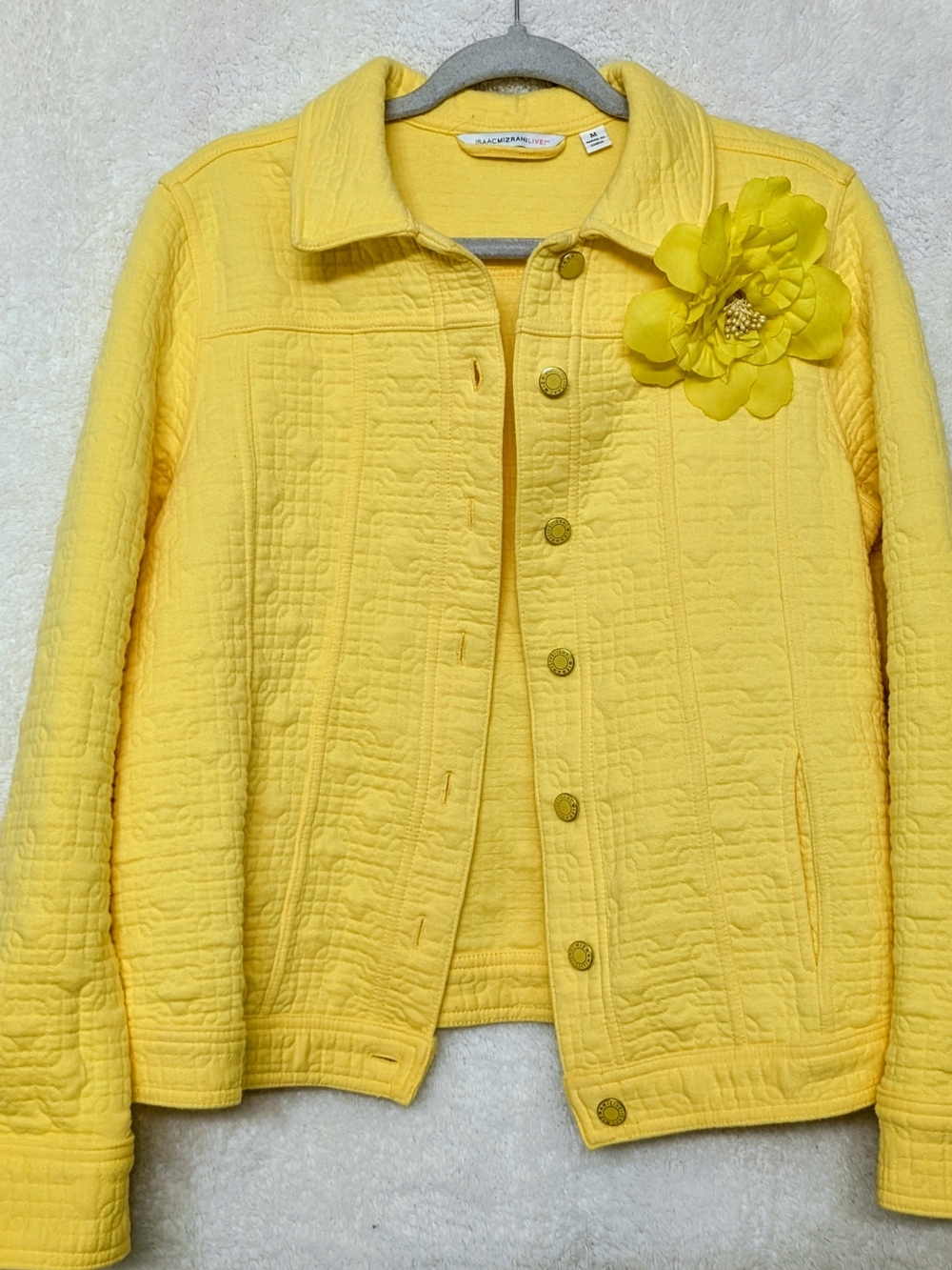 Isaac Mizrahi Bright Yellow Quilted Cotton Jean Jacket with Floral Pin